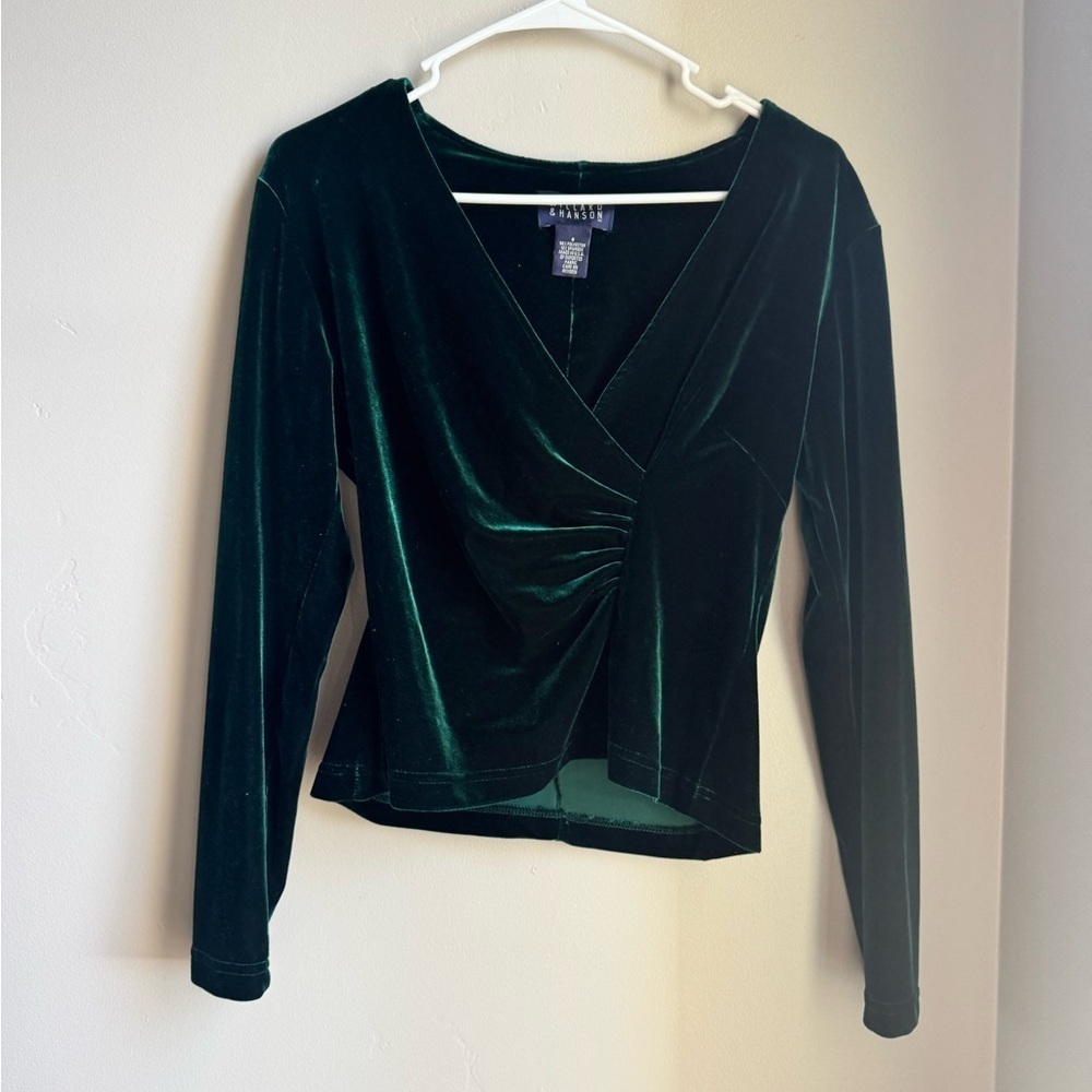 Emerald Green Velvet Long Sleeve Top S | Holiday Party Y2K Chic Wrap Front